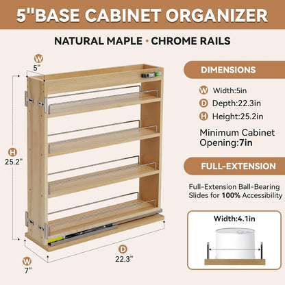 Pull Out Spice Rack Organizer for Cabinet (5" W x 22.3" D x 25.2" H), Sliding Spice Rack for Kitchen Cabinet, Wood Pull Out Cabinet Organizer for Multi-Use