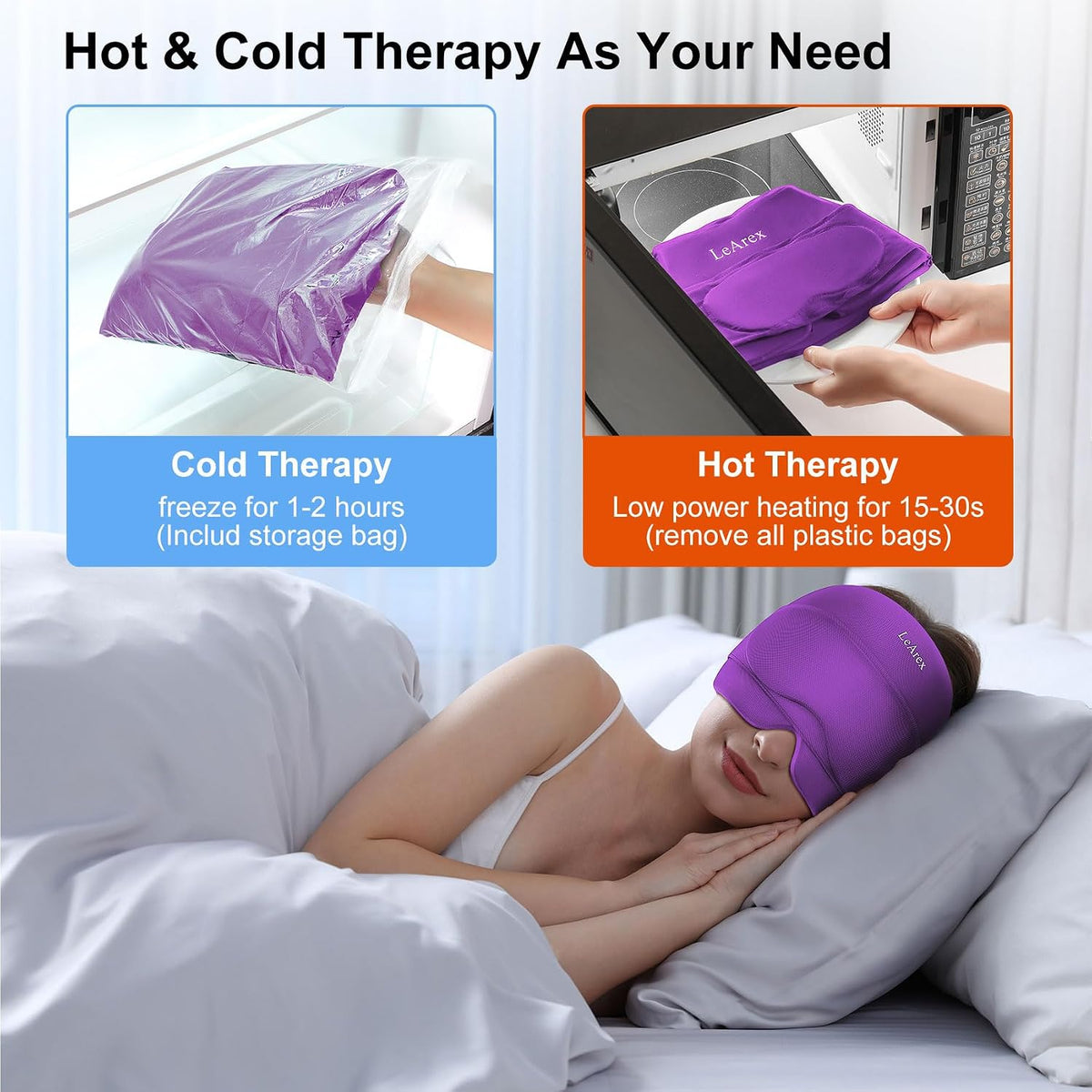 2 in 1 Migraine Relief Cap with Gel Eye Mask, Headache Relief Cap Ice Head Wrap Hot and Cold Therapy Hat Gift for Women for Headache Puffy Eyes Sinus and Tension Stress Relief (Light Purple)