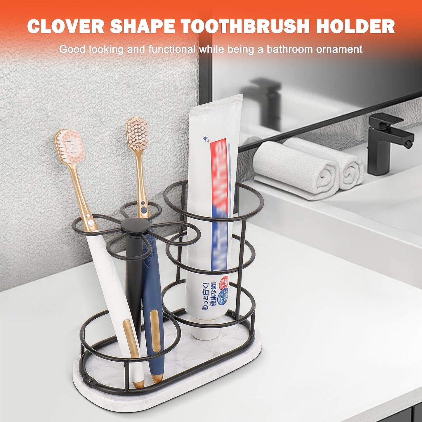 Toothbrush Holder Stand for Bathroom, Metal Toothbrush Organizer with Marble Base, Toothbrush Storage Collection for Family, Suitable for Home Hotel Countertop Vanity (Small, Matte Black)