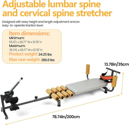Lumbar Decompression Table with Cervical Traction, Height & Length Adjustable Back Stretcher Machine with Foam Rollers, 330lbs Capacity Spine Stretcher for Pain Relief & Spinal Alignment