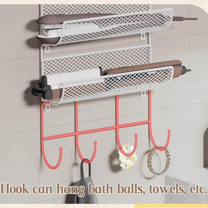 Wall-Mounted Hair Dryer Holder Styling Tool Organizer 4-Shelf Storage Wire Basket with Hook Heat Safe Rack for Hair-Straighteners,Curling Wands,Flat Iron,Cabinet Door Bathroom Kitchen White