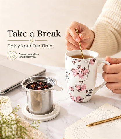 AmorArc Tea Cup With Infuser and Lid, 18oz Loose Leaf Tea Mug With Steeper | Porcelain Tea Mug With Infuser and Lid, Strainer Tea Cup for Tea Lovers, Home & Office, Housewarming Birthday Gift