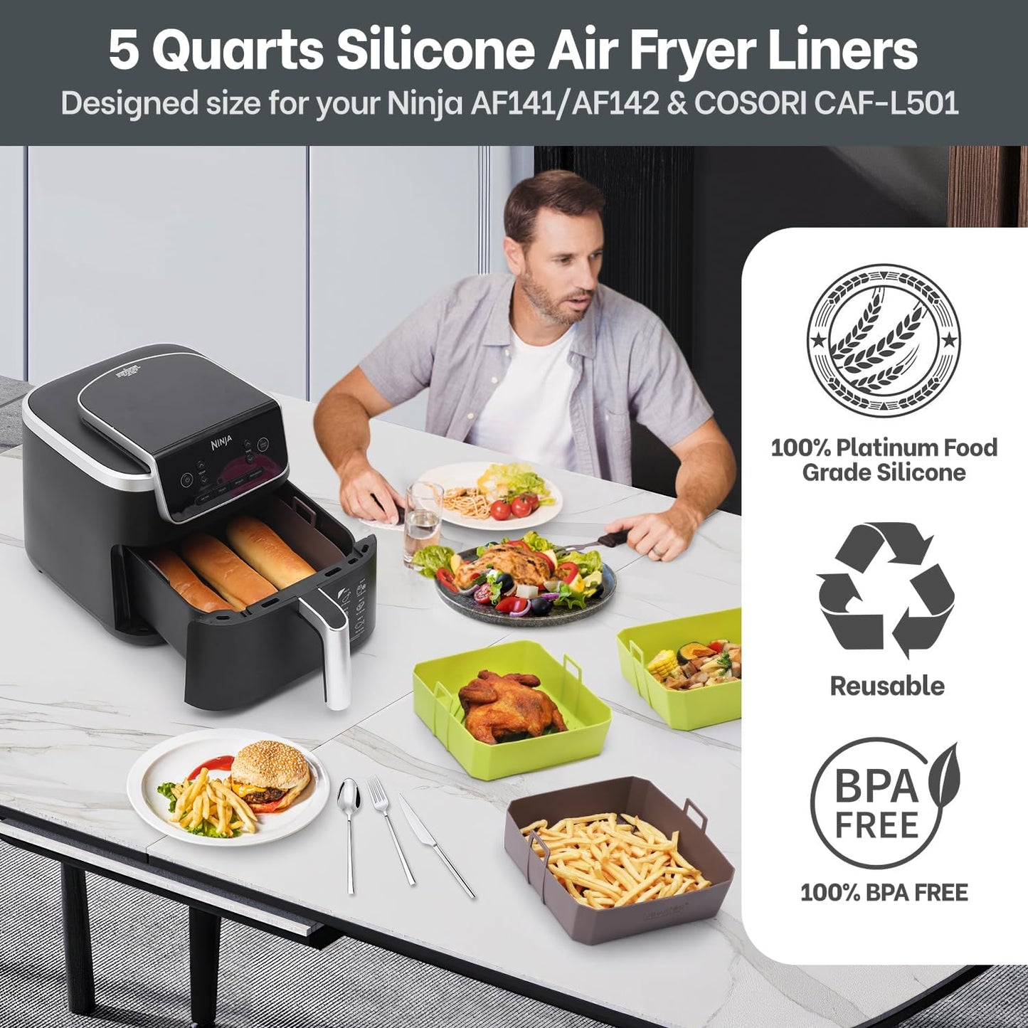 Air Fryer Silicone Liners 4QT For Ninja AF101, 2 Pack BPA Free Platinum Air Fryer Basket Liners with Handle, Round Reusable Liner Ninja Fryer Accessories, Upgrade