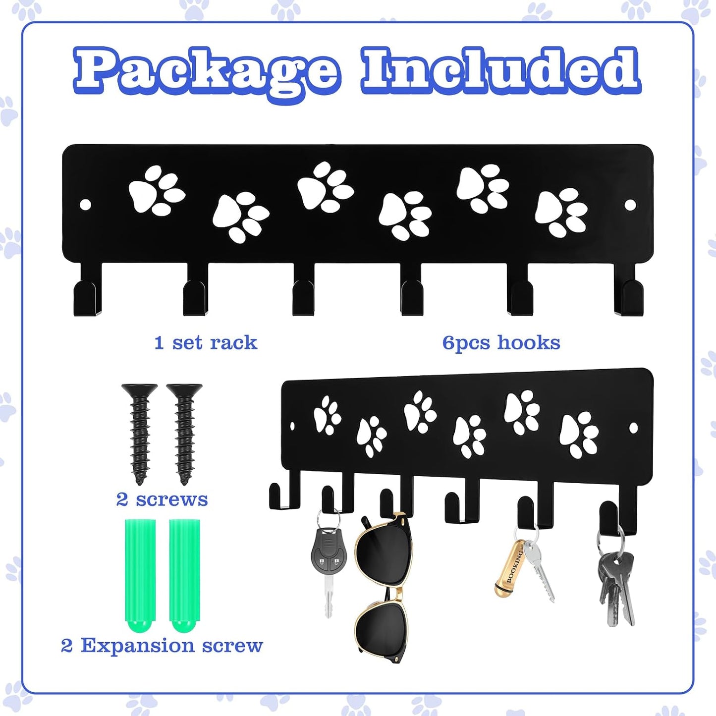 Key Holder Wall Mount & Dog Leash Holder for Wall, Metal Key Rack with 6 Hooks Decorative Animal Storage Rack Adhesive for Entrance Living Room Kitchen Dog Paws Design WallOrganizer