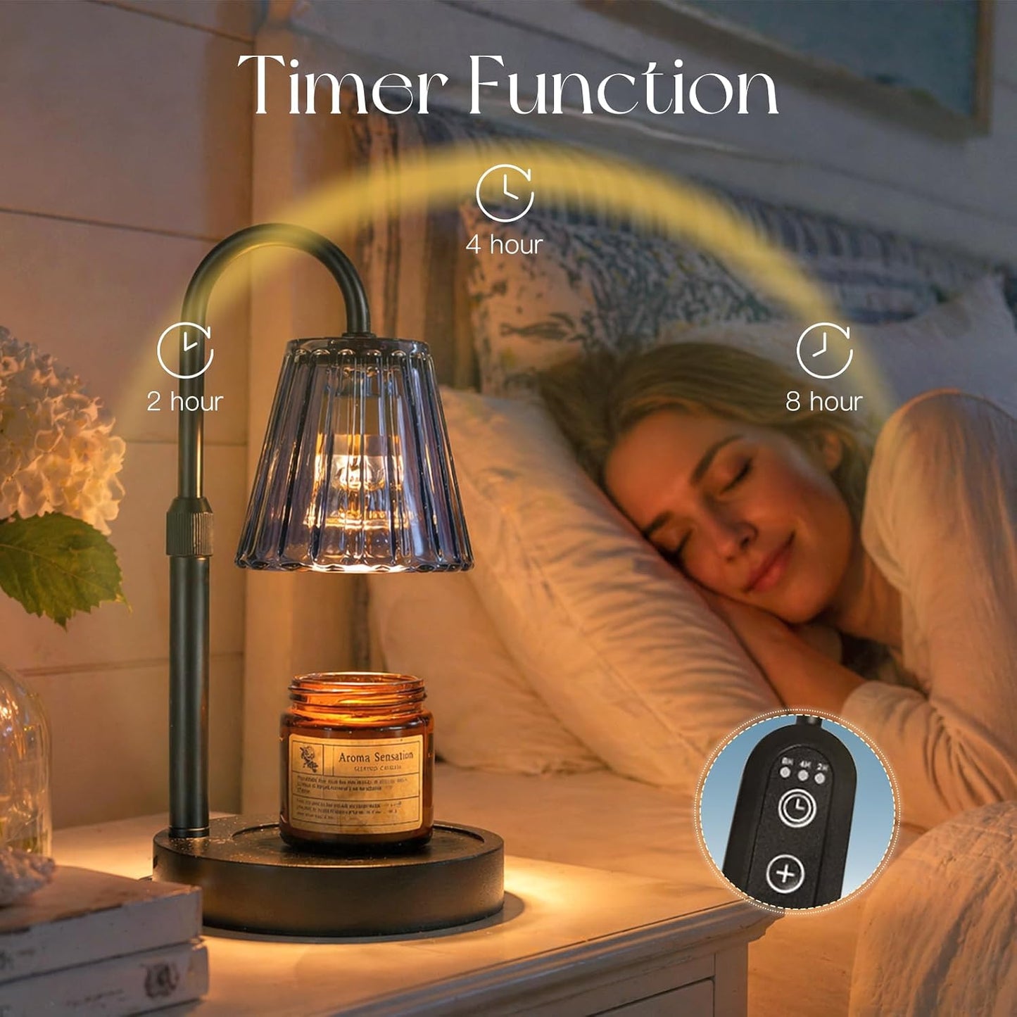 Candeldo Candle Warmer Lamp with Timer, Navy Blue Glass Shade | Height Adjustable, Dimmable, Elegant Home Decor, Birthday and Housewarming Gift for Candle Lovers, Includes 2 Bulbs
