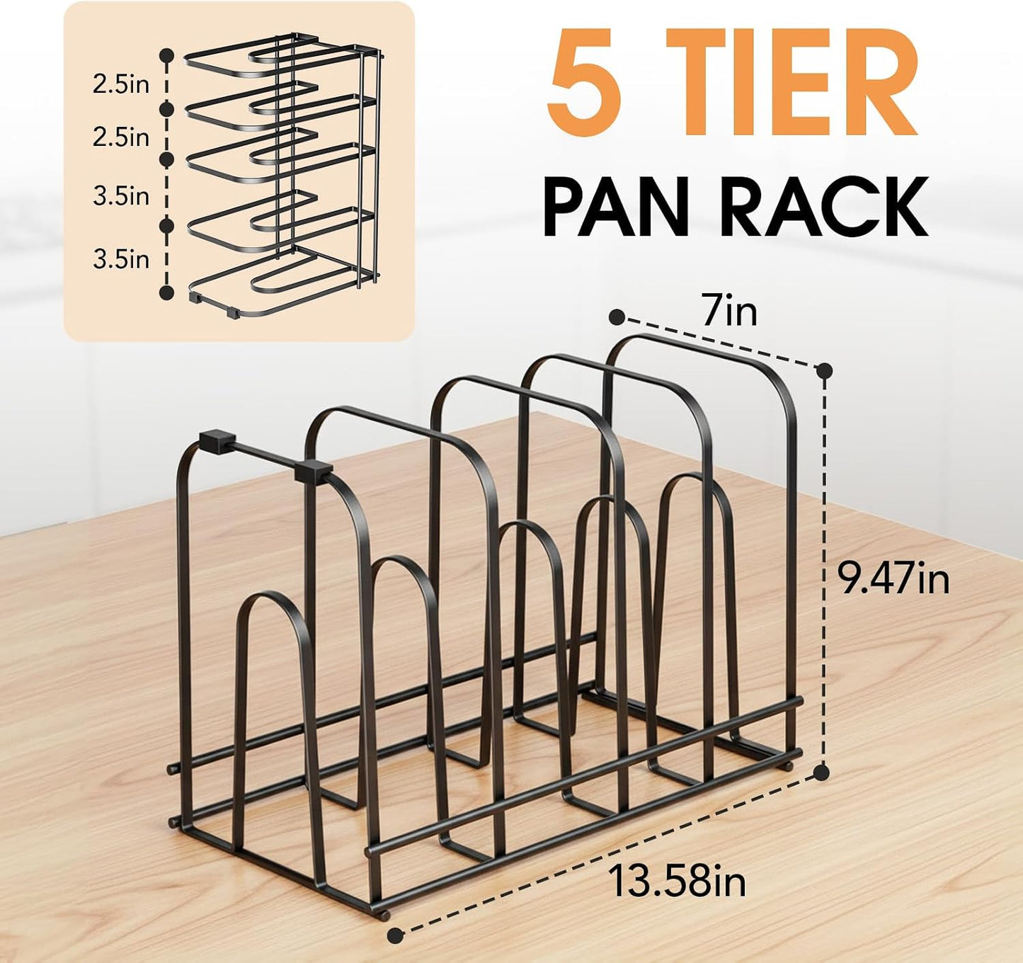 5-Tier Pot and Pan Organizer 13.6", No Assembly Cookware Rack 1-Pack | One-piece Design, Multi-height Layered,Anti-Tip Structure, Dual Vertical & Horizontal Use, Fits Cast Iron Pans & Dutch Ovens