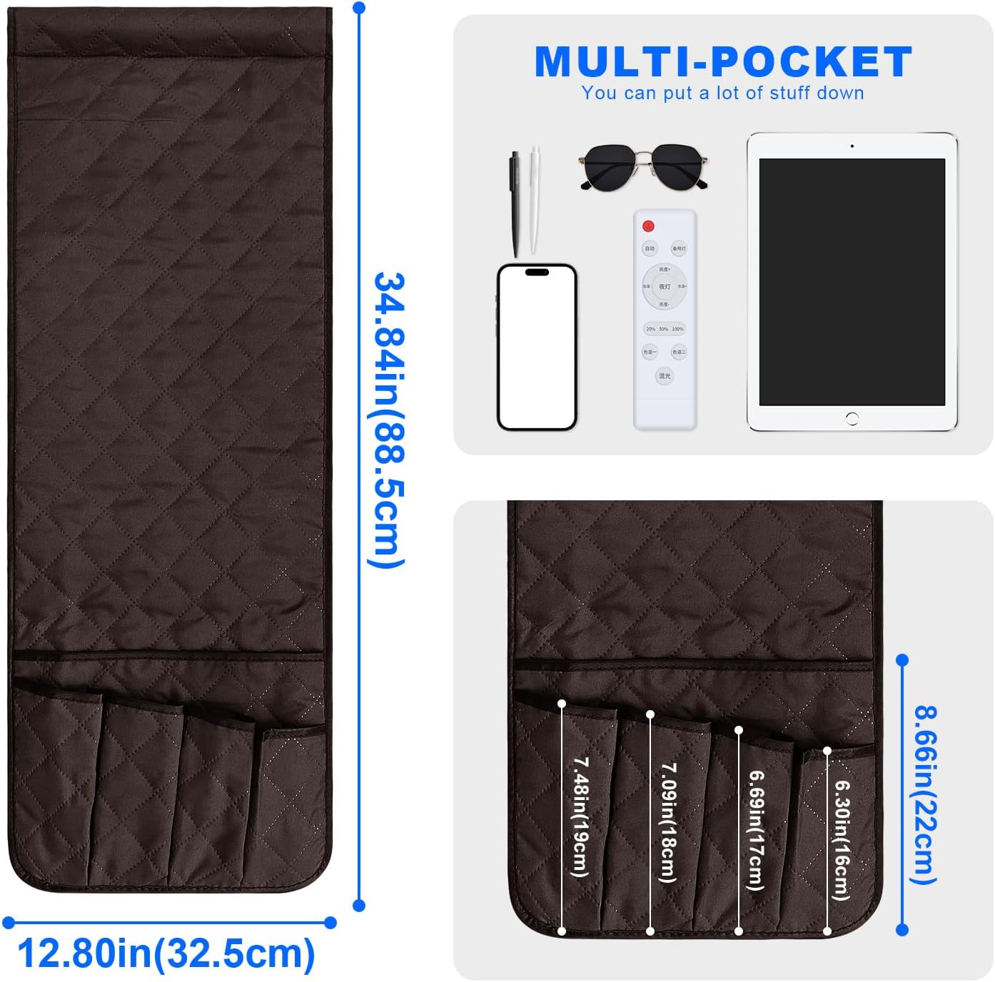 Grekos Sofa Armrest Organizer Remote Holder Bedside Caddy Organizer with 6 pockets, Chair Arm Holder Non-Slip Remote Control Holders Caddy for Magazine Tablet Phone Book