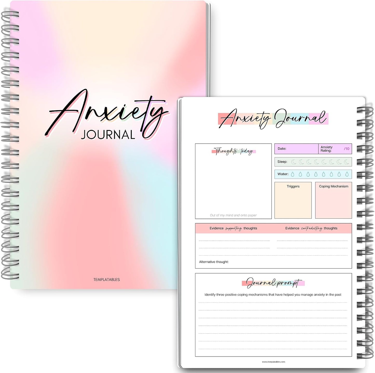 Templatables Anxiety Journal for Adults – CBT Therapy Workbook with Guided Prompts, Trigger Tracker, Sleep & Hydration Logs | Undated A5 Mental Health Notebook for Anxiety Relief & Stress Management