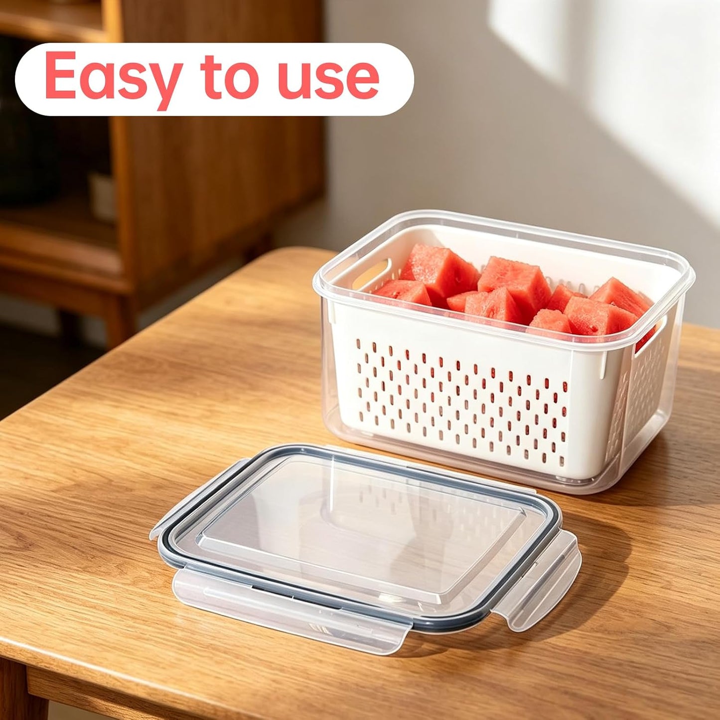 Watermelon Container with Strainer, Fruit Strainer Container with Lid 5 PCS | Sealed in All Aspects, No‑Leakage, Easy to Clean and Use, Sturdy and Durable, Premium Plastic Material, for Daily Kitchen Use