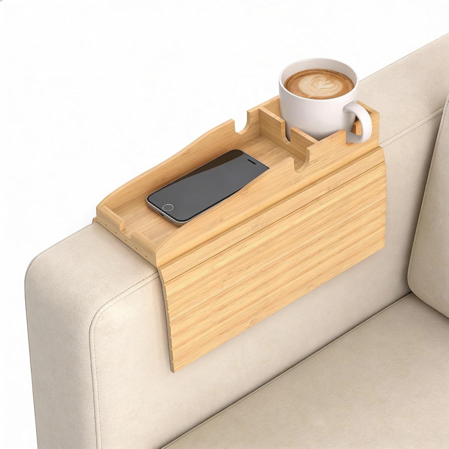 Korser Couch Armrest Table, Sofa Arm Tray with Removable Cup Holder, 2 in 1 Anti-Slip Armrest Tray Table for Couch, Bamboo Foldable Couch Cup Holder for Drinks Snacks Phone Remote Control