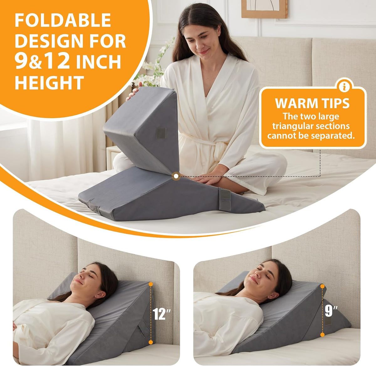 Ruqmuis Wedge Pillow Set for After Surgery, 3PCS Adjustable 9&12 Inch Bed Wedge Pillow for Sleeping, Incline Pillow Wedge for Headboard, Post Surgery, Acid Reflux, Neck&Back Support, White/Grey