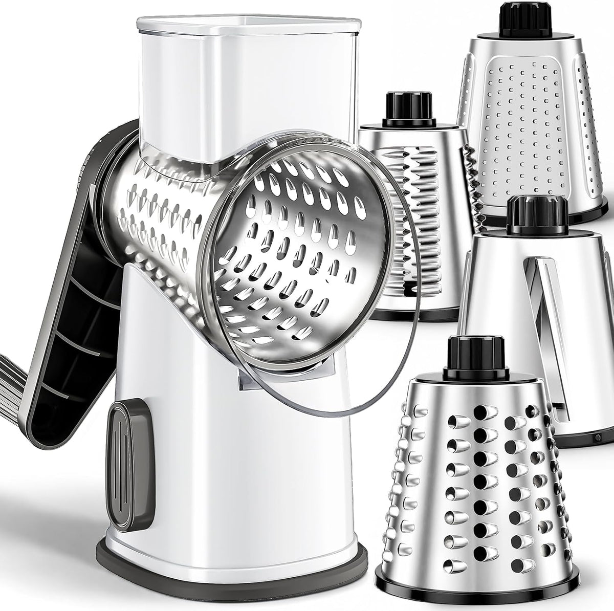 Weltonhm 4 in 1 Large Cheese Grater Hand Crank (White Grey 4 Graters)