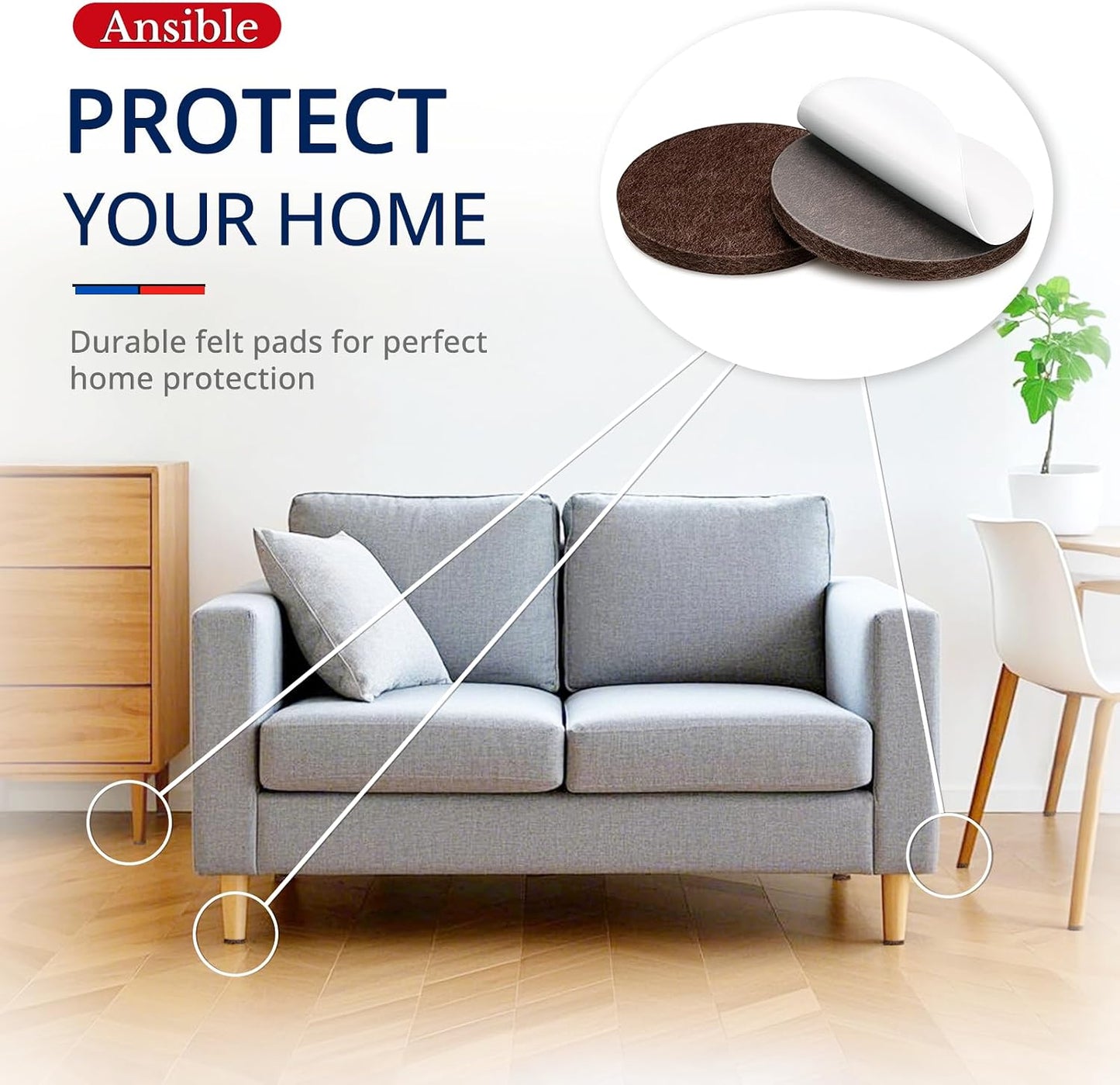 Ansible Felt Furniture Pads Chair Leg Floor Protectors 1" 60PCS | Felt Pads for Hardwood Floors,Self-Adhesive, Reduce Noise and Anti-Scratches,Easy to Install,Beige,Round