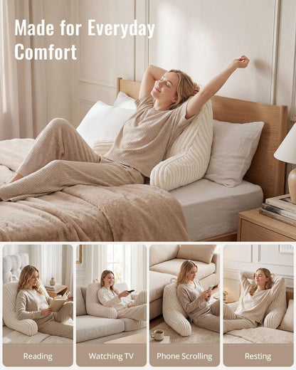Blissful Diary Reading Pillow, Backrest Pillow with Shredded Memory Foam for Adult & Children, Designed for Bed and Couch Sitting Up, Includes Arms, Pockets and Washable Cover, Off White