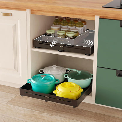 Pull out Cabinet Organizer, Full Metal Expandable Width (14.8"-20.8") & Depth (12.4"-17.7") Adjustable Slide out Drawers, No Drill Adhesive Roll out Shelves for Kitchen Pantry, White