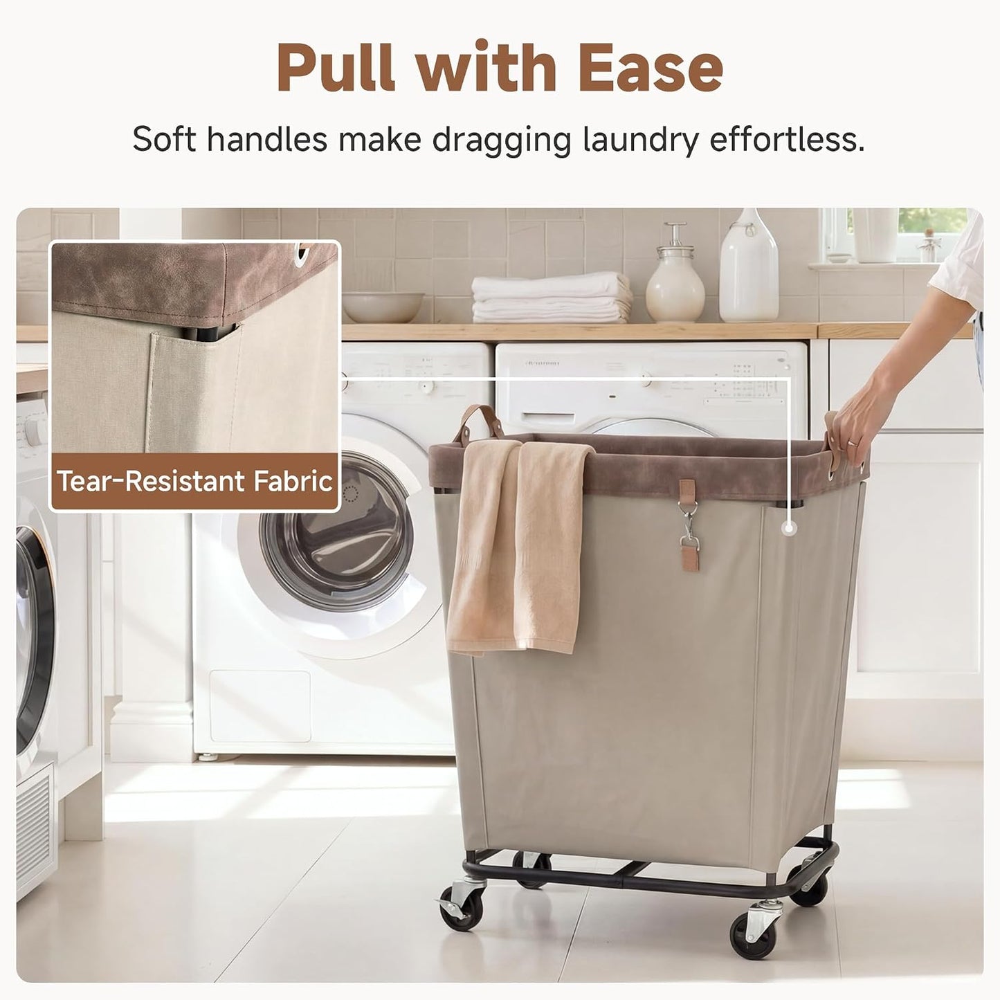 StorageWorks 160L Laundry Basket with Wheels, Rolling Hampers for Clothing | Beige Laundry Basket with Wheels, Metal Frame & Handles, Rolling Hamper for Bedroom, Bathroom, Dorm, Hotel