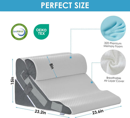 MEGCXIT 3PCS Bed Wedge Pillow for Headboard, Adjustable Wedge Pillow for Sleep Apnea, 23” Wide Triangle Pillow Wedge Set for After Surgery, Acid Reflux Relief, Snoring, Neck&Back Support, White/Grey