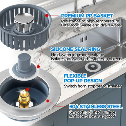 3 in 1 Kitchen Sink Drain Strainer Stopper Removable Basket Pop-Up | Kitchen Sink Food Strainer 1 Pack Silver Stainless - Food Catcher, Odor-Block Seal, Fits 3.5" Drain, Easy Clean