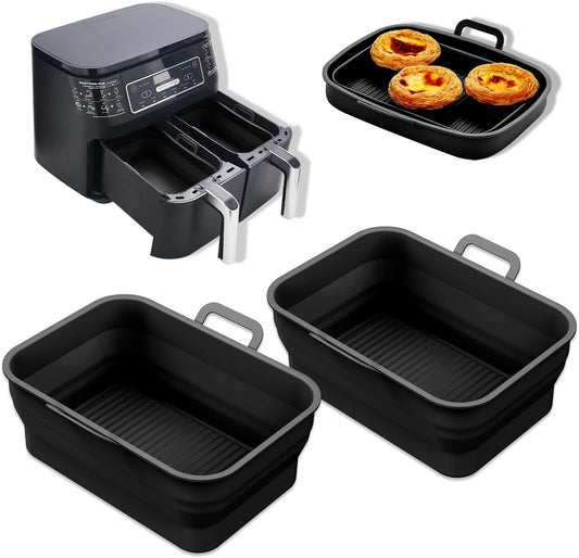 Collapsible Silicone Air Fryer Liners 8QT 10QT Ninja Dual (Gray) | 2 Pack Food Grade Platinum Silicone, Snug Rectangular Fit, Grease Drainage Ridges, Dishwasher Safe, BPA Free Basket Liner