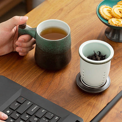 Tea Cup with Infuser and Lid, Rural style Wood Handle Ceramic Mugs Green | Tea Mug Cups with Infuser, Capacity about 320ml / 10.82 OZ, Suitable for Tea, Flower Buds, Coffee, Water, it is LEAD-FREE