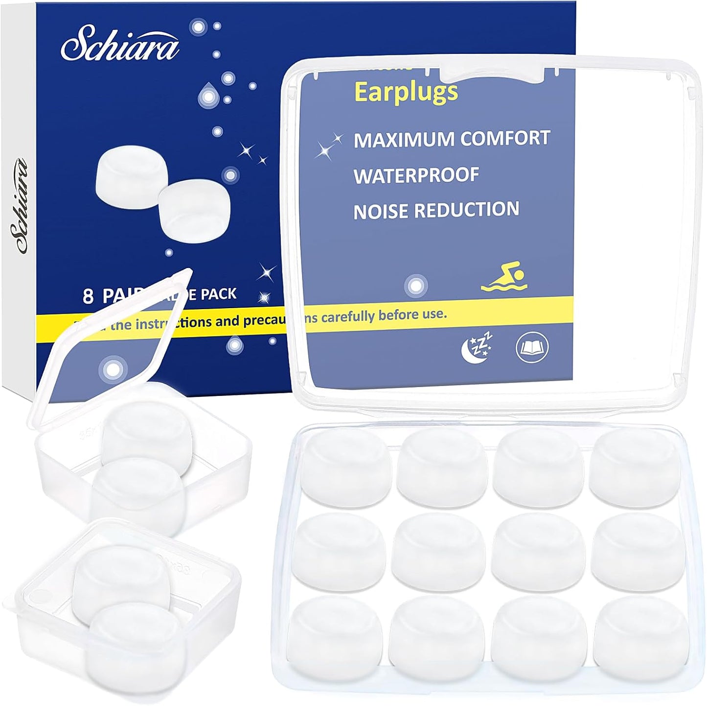 Ear Plugs for Sleeping, 16 Moldable Noise Cancelling Silicone Earplugs for Swimming, Snoring, Sleep and Studying, Blue