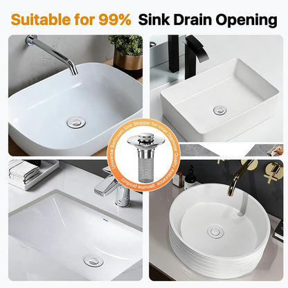 2PCS Bathroom Sink Stopper Hair Catcher, Pop Up Sink Drain Stopper with Strainer & Filter, Universal Drain Plug for Sink Drain & Replacement, Sink Drain Cover with Basket for Bathroom Stopper