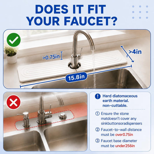 Absorbent Stone Faucet Mat for Kitchen Sink - 15.8" x 4" Diatomite Stone Sink Tray, Quick Dry Bathroom Sink Splash Guard Behind Faucet, Water Catcher Counter Protector (White)