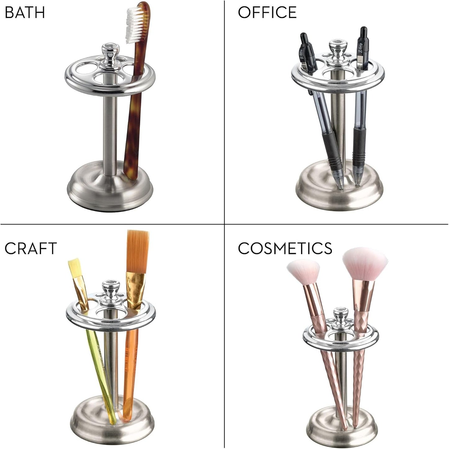 iDesign Steel Divided Toothbrush Holder Stand, 3.25" x 3.25" x 5.75" | Four Divided Compartments, Brushed Nickel & Polished Chrome