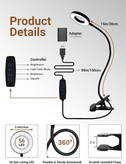 Clip on Lamp,10 RGB Colors+10 Brightness Bright Desk Lamp with Clamp Light