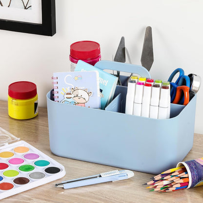 Multiuse Caddy Organizer with Handle, Portable Divided Plastic Tote Bin - Art Craft, Stationary Pen Marker Crayons, Makeup Hair Supplies Storage - Bathroom, Classroom, Dorm, Office, Desk Holder - Grey