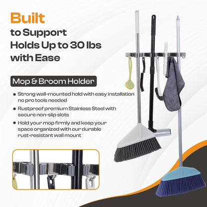 Stainless Steel Broom Holder Wall Mount, 3 Racks & 4 Hooks | Waterproof organizer for mops, brooms, tools and garden equipment, adjustable wall storage, black