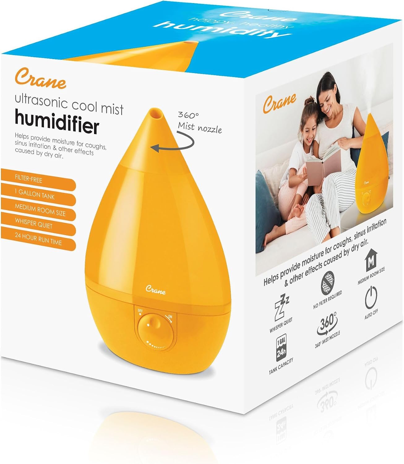 Crane Ultrasonic Cool Mist Humidifier for Bedroom, Baby Nursery, Kids Room, Plants, or Office, Large 1 Gallon Tank, Filter Optional, Blue and White