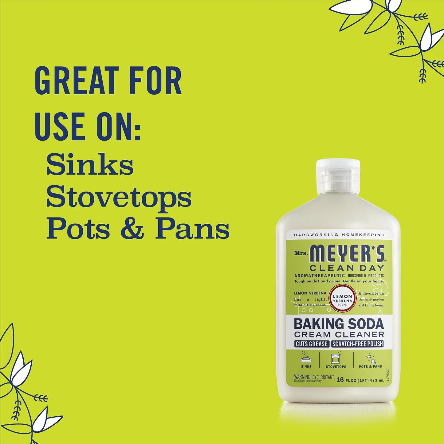 MRS. MEYER'S CLEAN DAY Baking Soda Cream Cleaner, Lemon Verbena, 16 fl oz | Freshens Kitchen, Removes Soap Scum and Grease, For Use on Sinks, Stovetops, Pots, & Pans