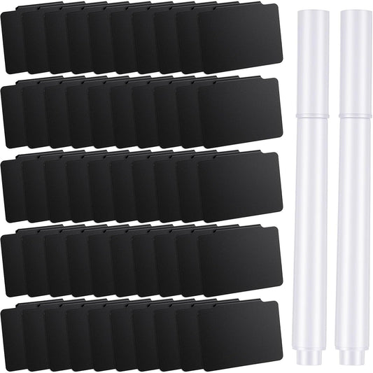 52PCS Basket Labels Clip On Set, 50 Removable PVC Bin Label Holders with 2 Chalk Markers for Pantry Storage Bins Organization (Black)