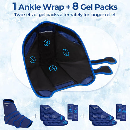 KingPavonini Ankle Foot Ice Pack Wrap, XL, Blue, 1 Wrap + 4 Gel Packs
