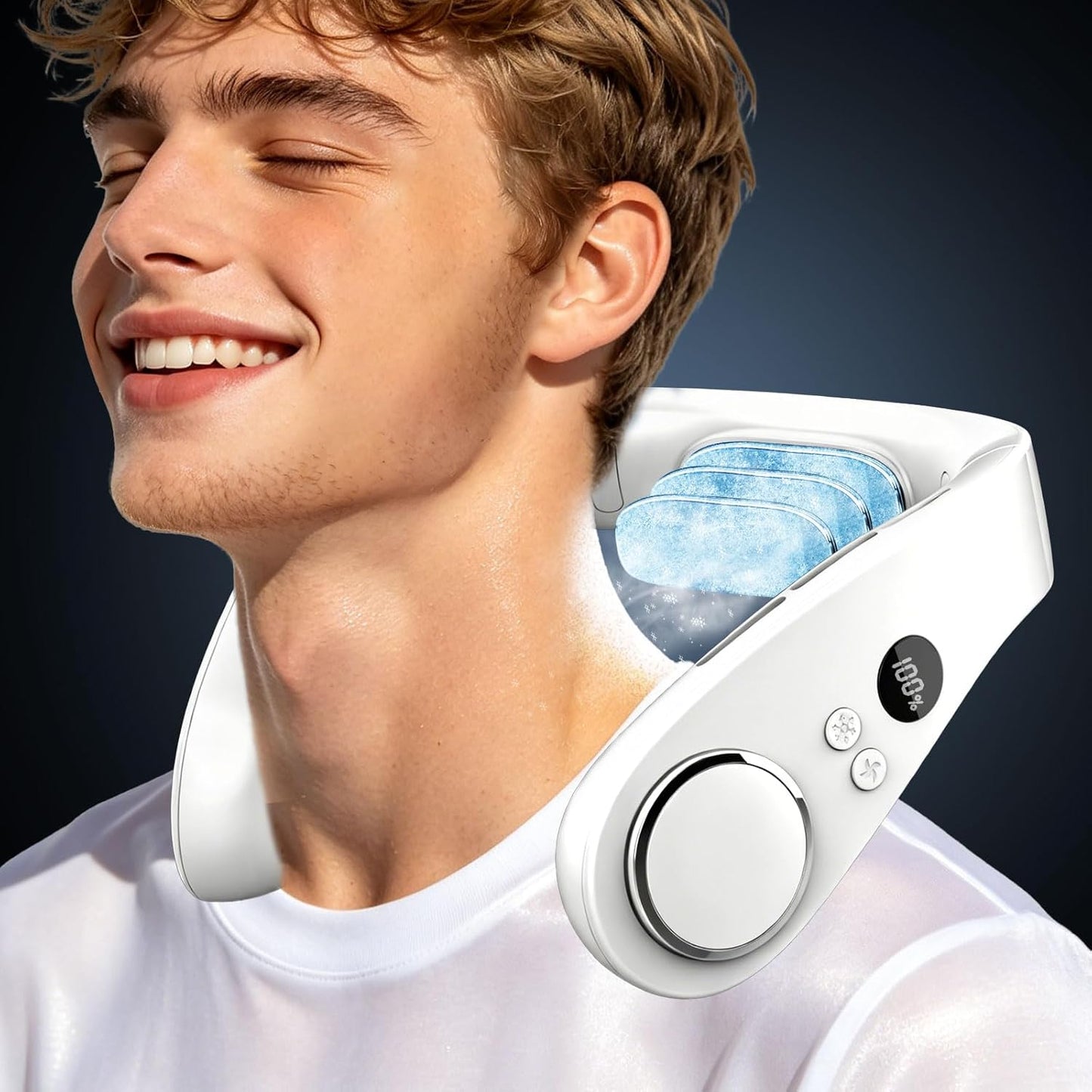 Neck Fan with Cooling Plate-24H Quiet Powerful Fans that Blow Cold Air-5 Speed&Power LED Display-USB 5500mAh Bladeless Wearable Personal AC Cooler for Women,Men,Kids,Travel,Outside,Indoor White