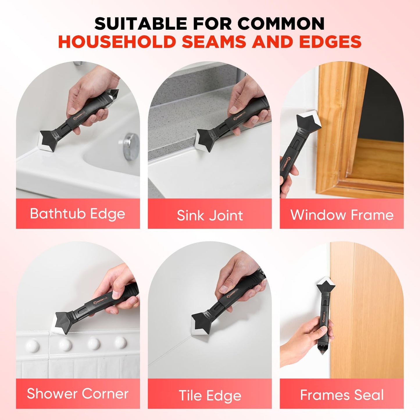 Sakerplus 3-in-1 Silicone Caulking Tools,Caulk Remover Tool and Caulk Finishing Tool Kit with Silicone Smoother,Nozzle Needle for Kitchen Bathroom Window Sink (Classic Black)