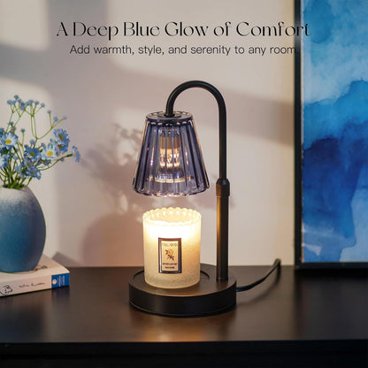Candeldo Candle Warmer Lamp with Timer, Navy Blue Glass Shade | Height Adjustable, Dimmable, Elegant Home Decor, Birthday and Housewarming Gift for Candle Lovers, Includes 2 Bulbs