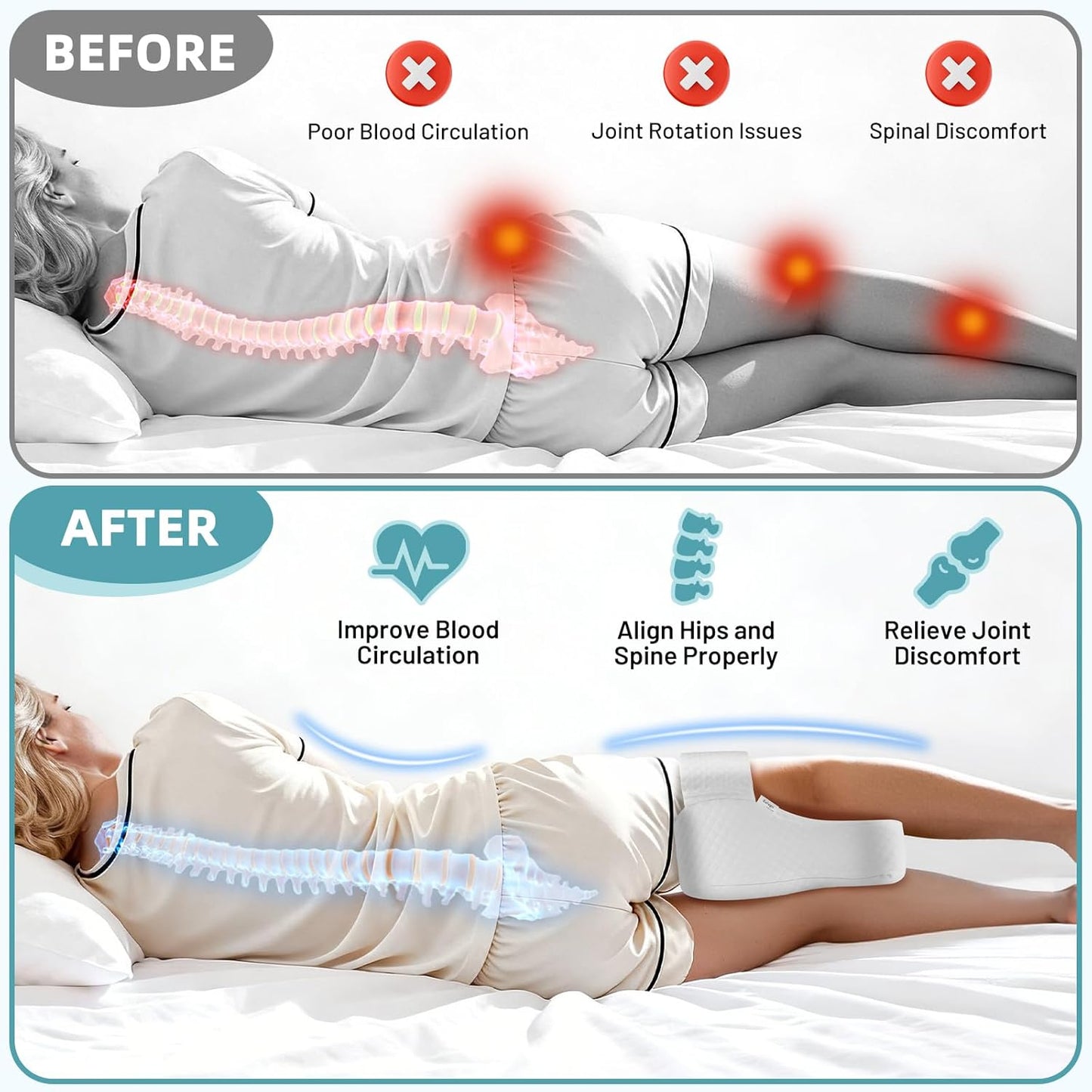 Knee Pillow for Side Sleepers – Memory Foam & Adjustable Strap | Hip & Spine Support, Cooling Cover, Machine Washable, Non-Slip Strap for Pain Relief, Post-Surgery, Travel & Leg Pillow.