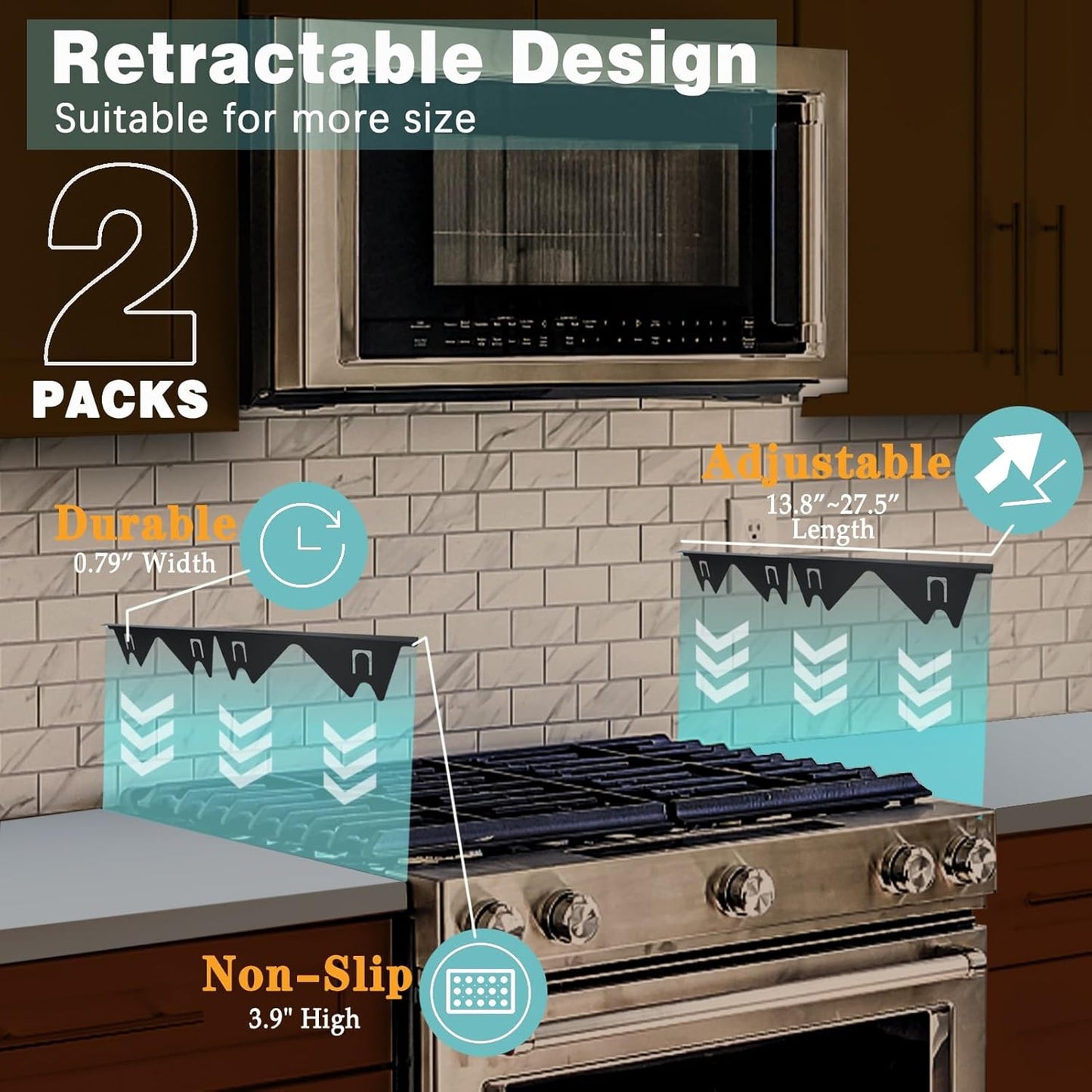 Stove Gap Covers Stainless Steel, 2 Pack Stove Gap Filler Easy Retractable Length 13.8" to 27.5", Width 0.79" Stove Gap Guards Range Trim Kit, Heat Resistant Guard Between Stove Top & Counter