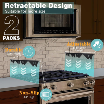 Stove Gap Covers Stainless Steel, 2 Pack Stove Gap Filler Easy Retractable Length 13.8" to 27.5", Width 0.79" Stove Gap Guards Range Trim Kit, Heat Resistant Guard Between Stove Top & Counter