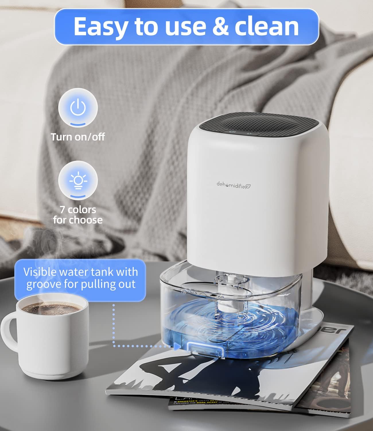 35 OZ Dehumidifier for Bedroom RV, Quiet with Auto Shut Off, Gold | 280 Sq.Ft Small Dehumidifiers for Home Bathroom Closet, 7 Color Light, 28dB Ultra Quiet, 35OZ Water Tank