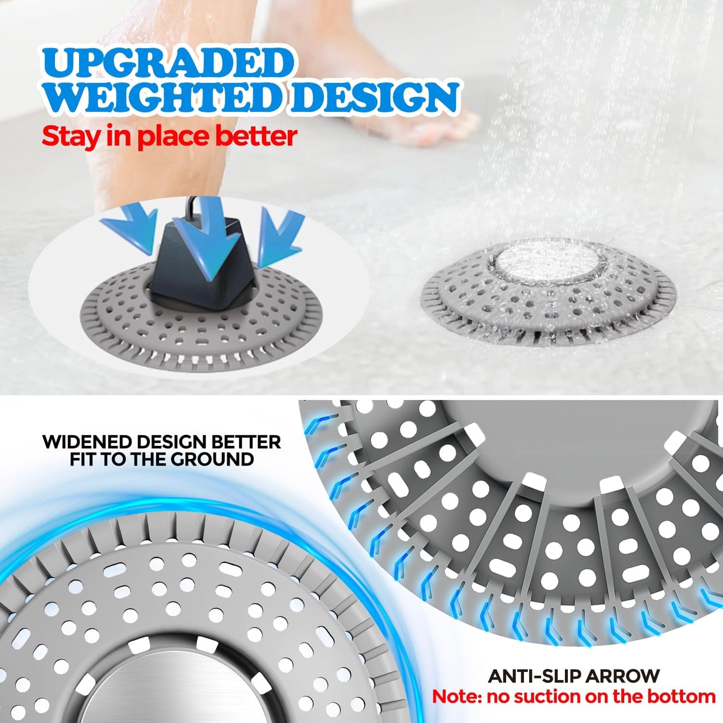 Shower Drain Hair Catcher Silicone Flat Floor Strainer Protector | 2 Pack Gray Weighted Flat Shower Drain Protectors, Traps Hair Before Clogs, Easy to Clean in Seconds, Fits Flat Floor Drains