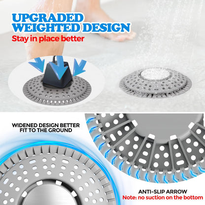 Shower Drain Hair Catcher Silicone Flat Floor Strainer Protector | 2 Pack Gray Weighted Flat Shower Drain Protectors, Traps Hair Before Clogs, Easy to Clean in Seconds, Fits Flat Floor Drains