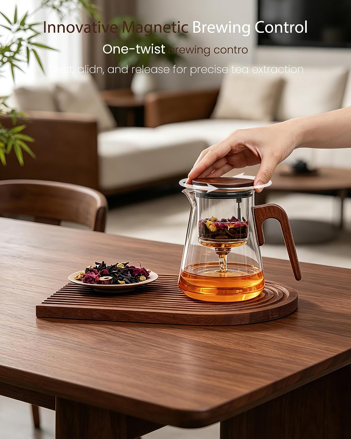 ZENS Magnetic Glass Infuser Teapot for Loose Tea, 27oz Walnut Wood Handle | Magic Teapot with Infuser, Echanted Tea Maker, Mess-Free Loose Leaf Tea Diffusers for Tea lover Gifts