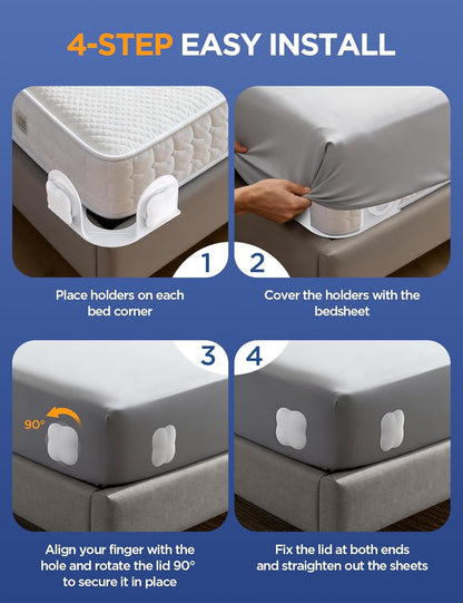 Sheet Holders Lock Bed Sheet Grippers - Fitted Sheet Holder for Corners Keep Sheets Firm & Tight Fit All Sheet Sizes,360 Degree Bed Sheet Tightener Easy Installation