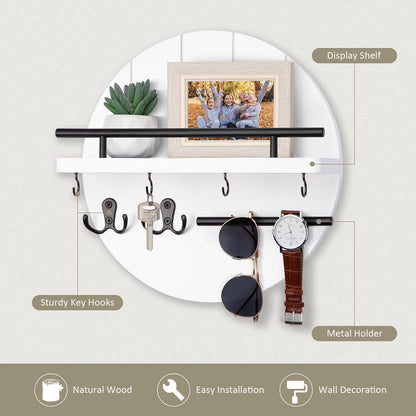 Nekon Key Holder Wall Mount, 11.8” Wood Mail Organizer for Wall, Brown | Round Wall Shelf with 6 Key Hooks, Rustic Key and Mail Holder, Key Hanger for Entryway Hallway Kitchen