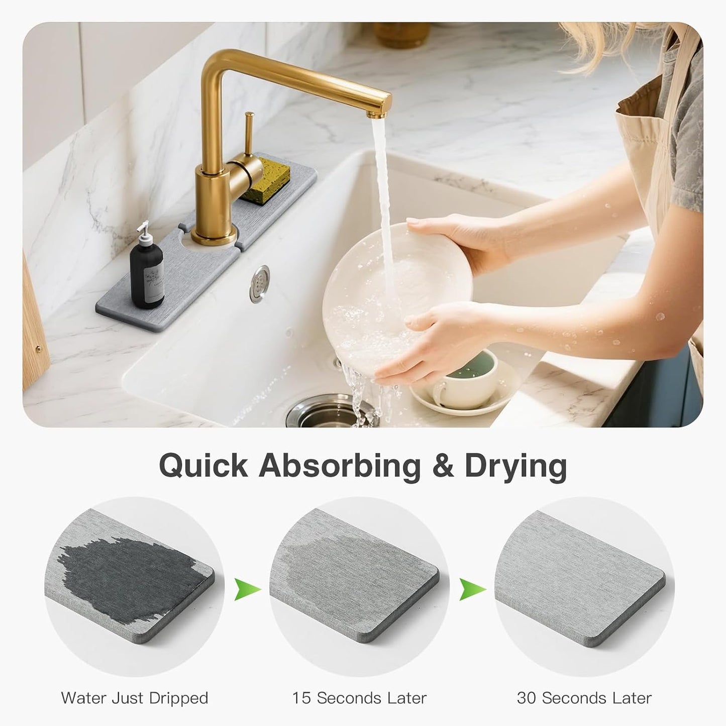 Premium Stone Faucet Mat for Kitchen Sink, 30" x 4" White | Quick Drying & Water Absorbent, Sink Splash Guard Tray for Prevents Moisture Buildup