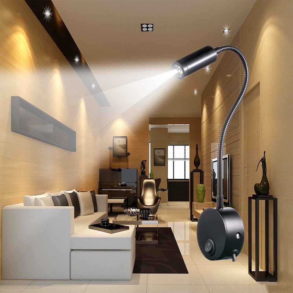 3W Wall Mounted Reading Light Flexible Gooseneck LED Sconce Lamp with Plug & Switch for Bedroom, Office, Workbench, Studio (01 Black Warm)
