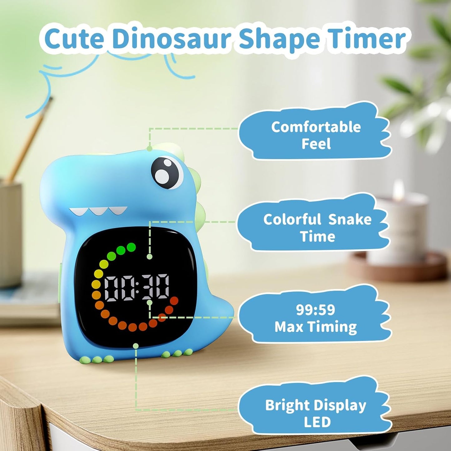 Pink Dinosaur Visual Timer for Kids, Girls Potty Training Timer | Color Countdown, Rechargeable, LED Screen, 99 Minute, Toddler, Children, Transition, 2-Min Toothbrush Setting, Hand Washing